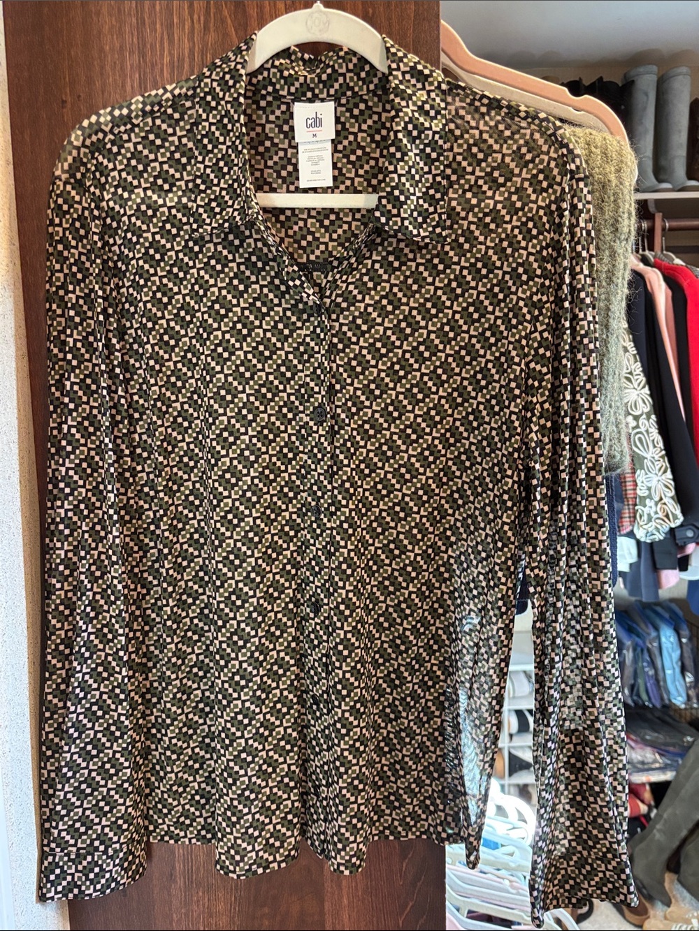 CAbi Men's Button-Down Geometric Print Shirt — Black, Cream & Light Pink